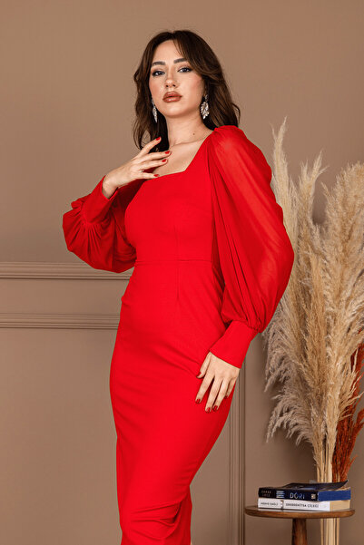 BEYBOS Krep Kumaş Kare Yaka Kalem Elbise - KIRMIZI