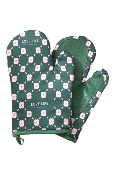 GOLD MARKET Set de 2 mănuși de cuptor rezistente la căldură, până la 330°C, textil și cauciuc, 26,5x18 cm, verde și roz