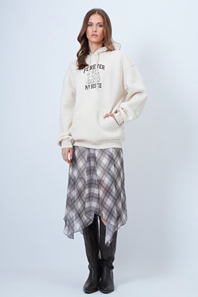 VAGGON Women's Ecru Hooded Printed Kangaroo Pocket Long Sleeve Inside Shirt Fleece-Lined 3 Thread Sweatshirt Vs01338