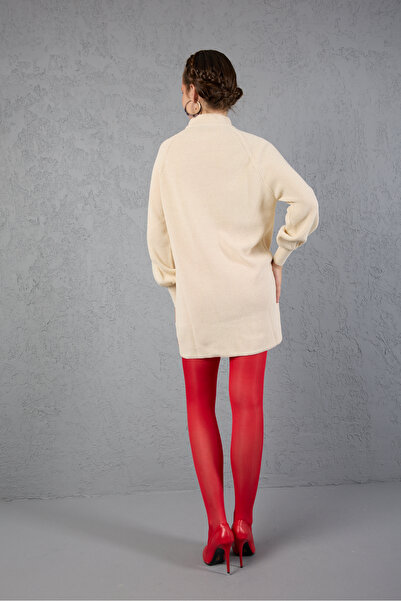 Moda Days Women's Ecru Glitter Thessaloniki Knit Raglan Balloon Sleeve Choker Collar Knitwear Sweater