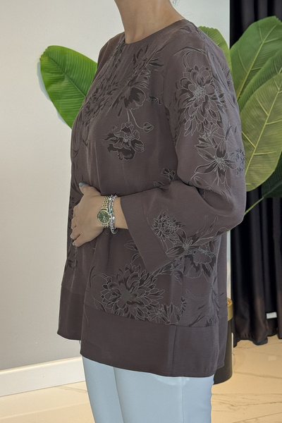 Lale Butik Necklace Detailed Patterned Blouse 31532 Brown