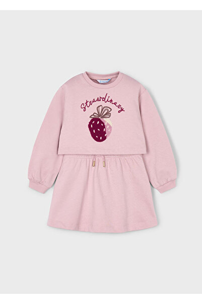 MAYORAL 4-10 Years Old Girl's Pink Strawberry Printed Sweatshirt and Suspender Dress 2-Piece Set