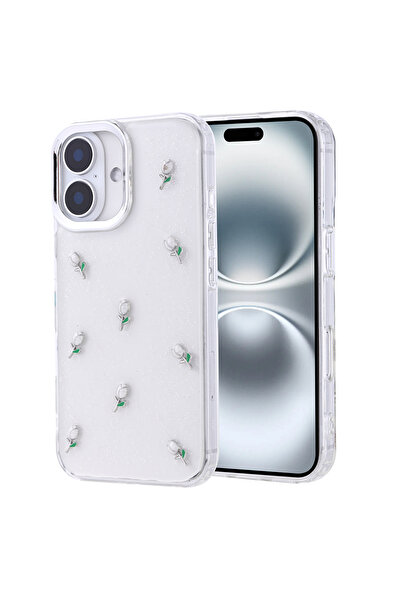 UnDePlus Apple iPhone 16 Kılıf Kabartmalı Kelebek-Kiraz-Çiçek Dizayn Şeffaf K...