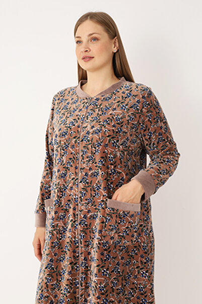 İntensive Kadın Büyük Beden Desenli Pamuklu Kadife Cepli Bİyeli Uzun Kollu Elbise