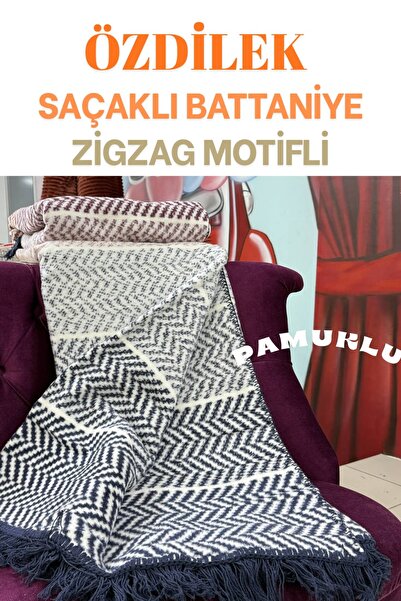 Özdilek Saçaklı Pamuklu Battaniye (Çift Kişilik) 180x220 cm - Zigzag Model