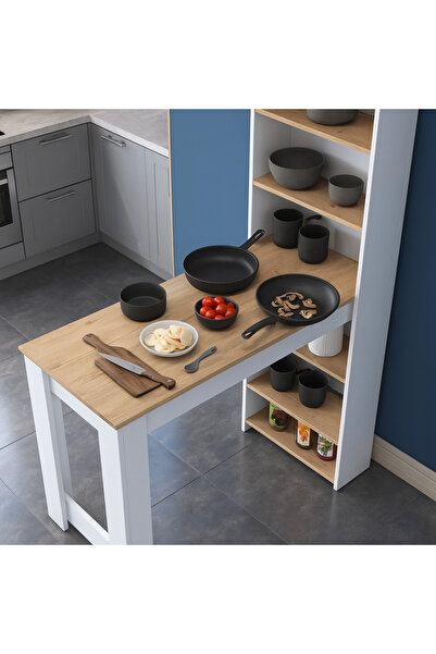 Industrial Living Masa Raflı Dekoratif Mutfak Yemek Masası,Sepet Ceviz – Beyaz, 1. Sınıf MDF