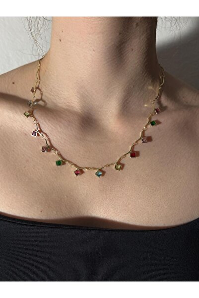 Sirena Accessories Renkli Kare Taşlı Gold Kolye