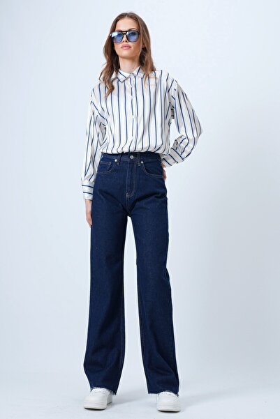 VAGGON Women's Dark Navy High Waist Wide Tassel Leg 5-Pocket Denim Pants Vs01358