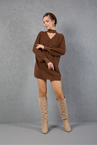 Moda Days Women's Brown Glitter Thessaloniki Knit Raglan Balloon Sleeve Choker Collar Knitwear Sweater