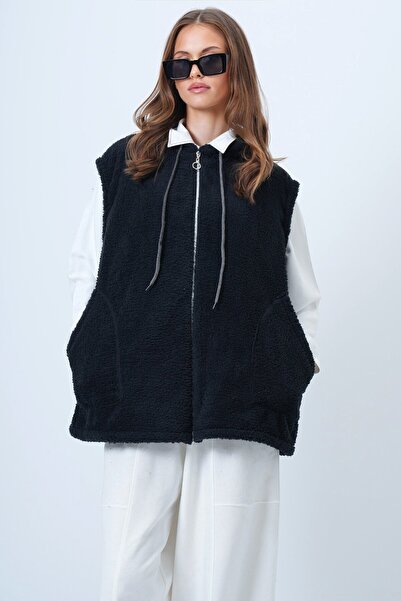 VAGGON Women's Black Double Pocket Zipper Closure Plush Vest Vs01334