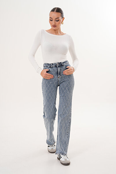 Cebby Açık Mavi Taşlı Flare Premium Jean