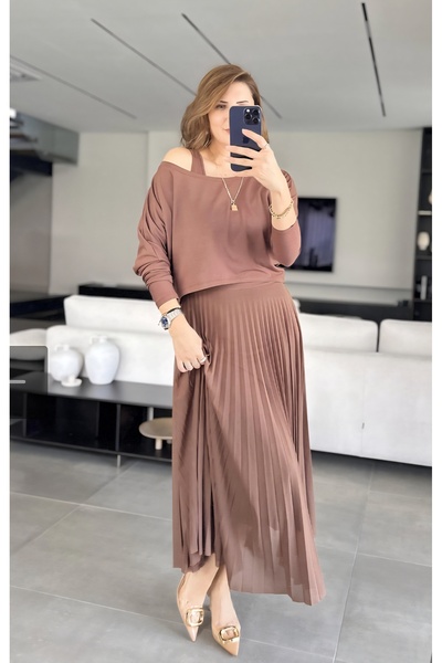 MODA Kahverengi 2 parça etek kısmı piliseli premium A kalite modal elbise