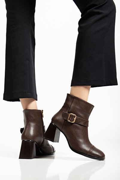 Hayalimdeki Ayakkabı Women's Brown Blunt Toe Buckle Heeled Boots