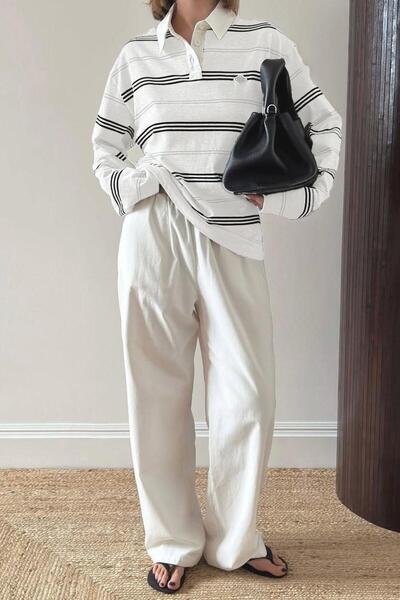 Seeh Swea pentru femei cu guler polo cu dungi ecru tricou SH297