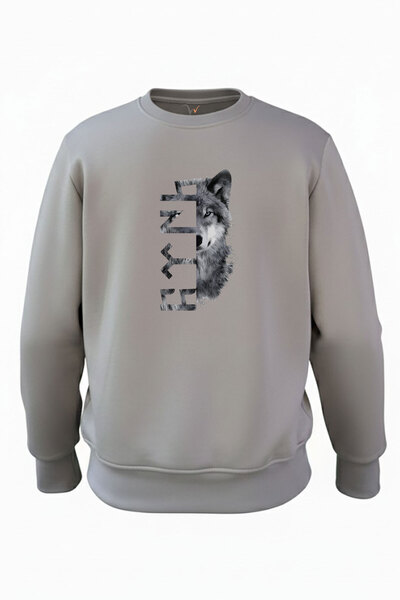 WİDİ Türkiye Bozkurt Göktürkçe Turkish Script and Wolf Printed Regular Fit 3-Thread Ribbed 100% Cotton Sweatshirt