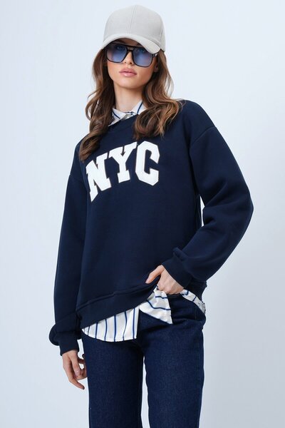 VAGGON Kadın Lacivert Bisiklet Yaka Nakışlı Ribanalı Uzun Kollu İçi Şardonlu 3 İplik Sweatshirt Vs01322