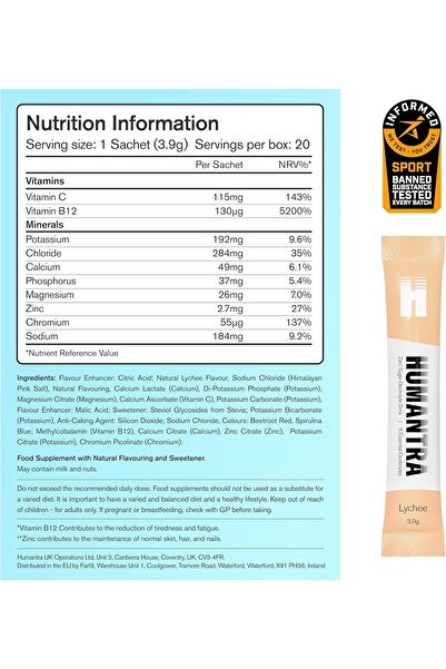 Humantra Lychee Hydration Packets — Zero Sugar Electrolyte Hydration Multiplier (20 Count)