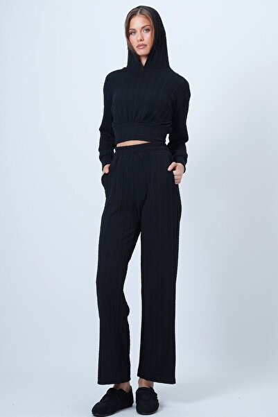 VAGGON Tricotaj negru pentru femei cu glugă tricotaj cu aspect dantelat cu transpirație și talie elastică pantaloni palazzo Vs01318