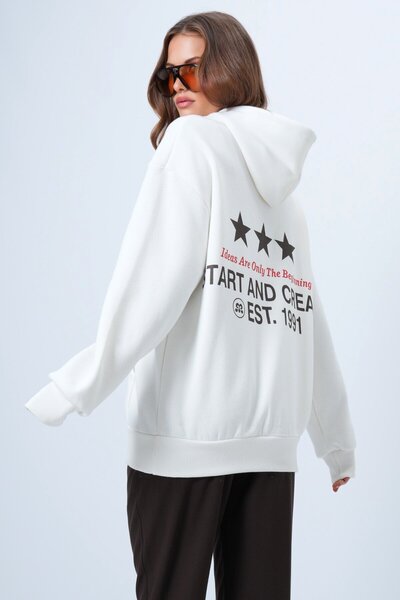 VAGGON Γυναικείο φούτερ εκρού με κουκούλα με τύπωμα με μακρυμάνικο μπλουζάκι με τσέπες καγκουρό εσωτερικά επένδυση fleece 3 νήματα Vs01337