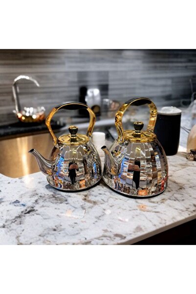 Bakır Center Steel Teapot Set 3 and 2 Liter Set of 2 Stainless Steel Quality Stovetop Teapot Set