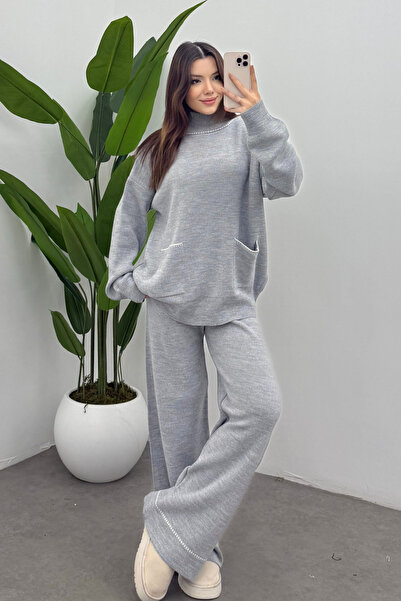 Bipantolon Women's Gray Turtleneck Pocket Detailed Sweater Pants Knitwear Set