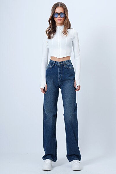 VAGGON Women's Dark Blue High Waist Straight Leg 5 Pocket Denim Pants Vs01355