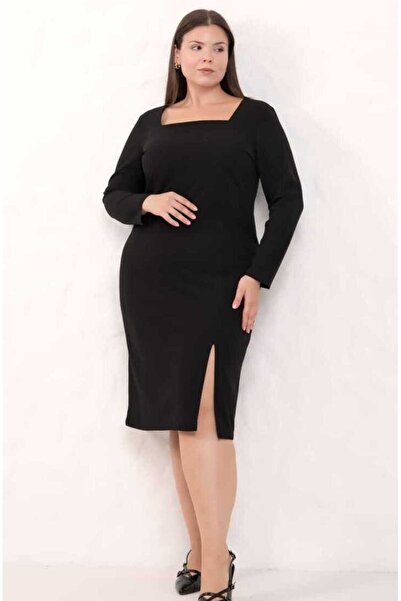 FOR ESRA BIG TREND Γυναικείο φόρεμα μεγάλου μεγέθους με τετράγωνο λαιμόκοψη μπροστά με μακρύ μανίκι ελαστικό μίντι φόρεμα από κρεπ