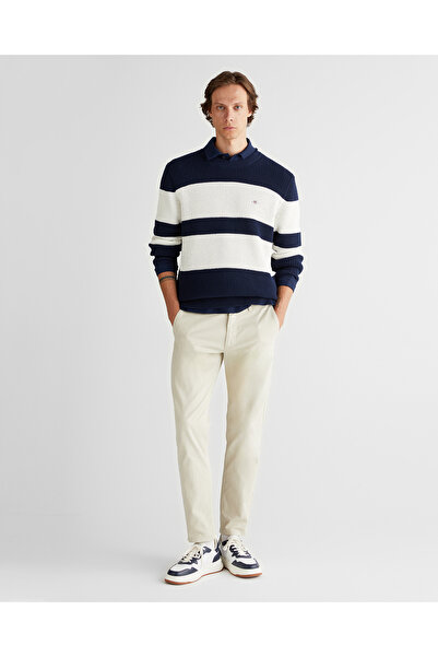Gant Men's Regular Fit Navy Blue Striped Cotton Knit Sweater
