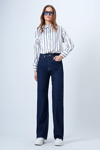 VAGGON Women's Dark Navy High Waist Wide Tassel Leg 5-Pocket Denim Pants Vs01358