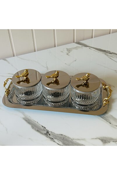 Melinda Glass Bowl with Bird Figure and Gold Handle Detail, Breakfast Jam Bowl, Snack Bowl Set