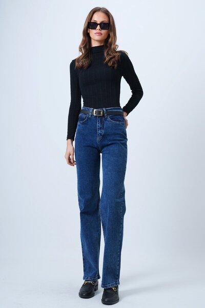 VAGGON Women's Blue High Waist Straight Leg 5 Pocket Denim Pants Vs01355