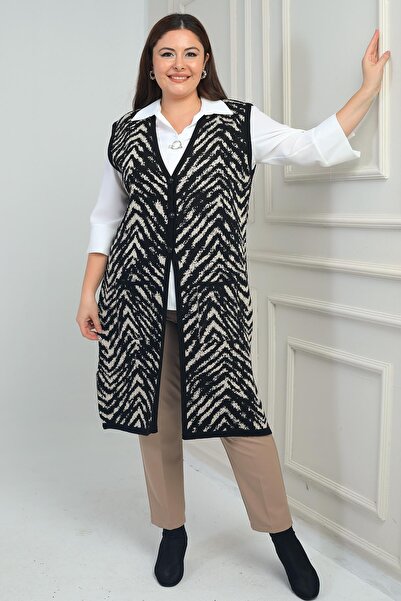 By Saygı Γυναικείο μακρύ πλεκτό γιλέκο με σχέδιο ζέβρα με τσέπες, μέγεθος ελαστικό ύφασμα