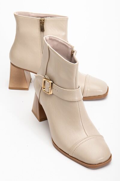 Hayalimdeki Ayakkabı Women's Beige Blunt Toe Buckle Heeled Boots