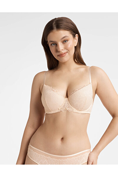 ESOTIQ Sutien push-up cu armătură, stil balconette, dantelă florală romantică cu partea din față decorativă | Thia