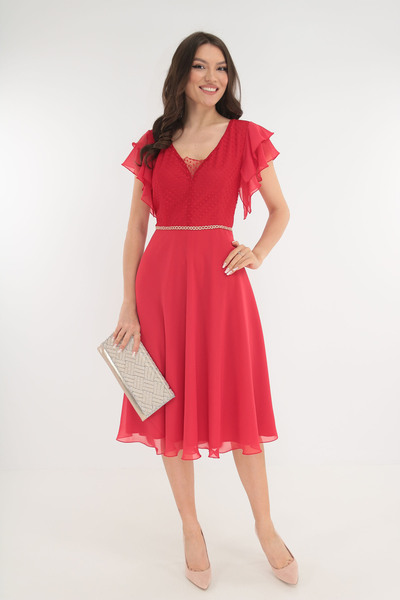 Vanessa Line RO Red tulle occasion dress with ruffles on the shoulders