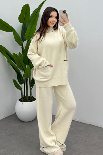 Bipantolon طقم تريكو نسائي من قماش الإكرو بياقة صياد السمك مع تفاصيل الجيب وبنطلون