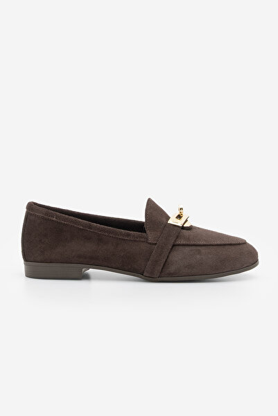Marjin Women's Loafer Genuine Leather Buckle Moccasin Casual Shoes Nador Brown Suede