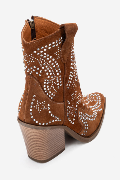 Dericlub Women's Stoned Thick Sole Western Boots Real Suede Leather Zy 1610 Taba