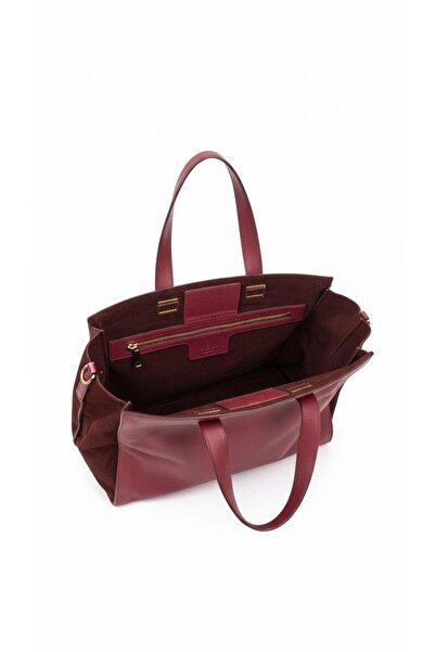 Deriderim Bordo Hakiki Deri Süet Kombin Büyük Tote Çanta