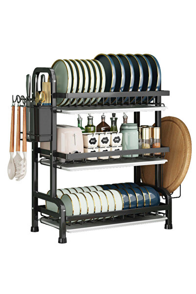 Ella Home 3-tier dish and cutlery rack, metallic, black, 61x42x23.5cm