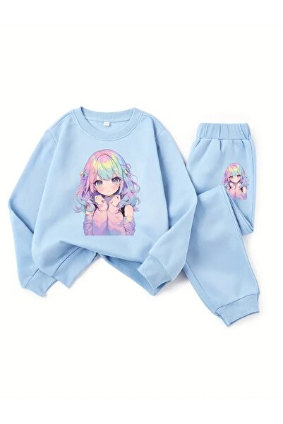 buendiakids Kız\Erkek Çocuk Bebemavi Anime Kız Baskılı Bisiklet Yaka Eşofman Takımı