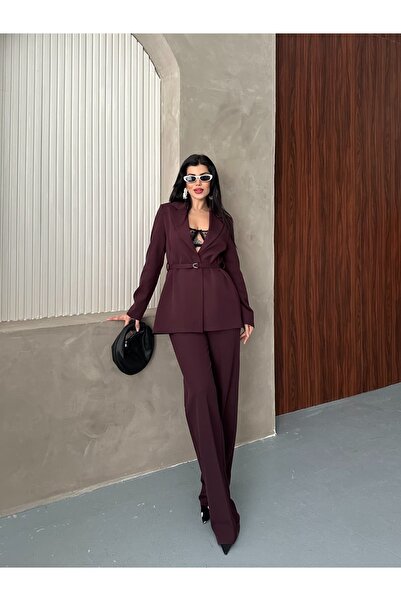 Moda İkra Blazer Jacket Wide-Leg Pants Suit and Tied at the Waist with a Thin Belt in the Color,