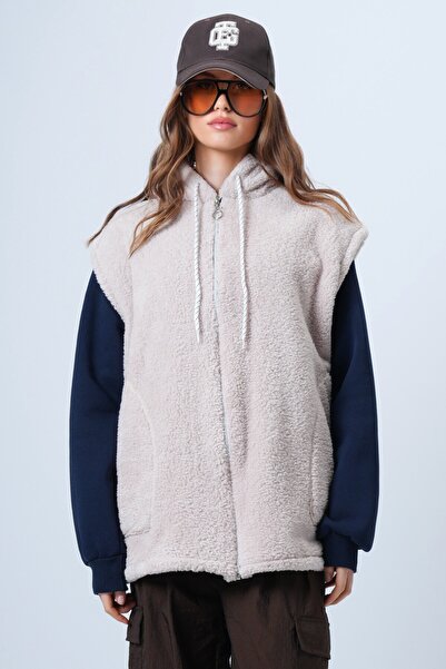 VAGGON Kadın Bej Çift Cepli Fermuar Kapamalı Peluş Yelek Vs01334
