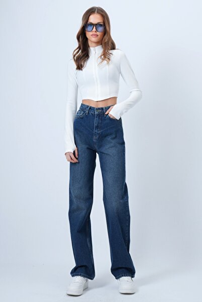 VAGGON Women's Dark Blue High Waist Straight Leg 5 Pocket Denim Pants Vs01355