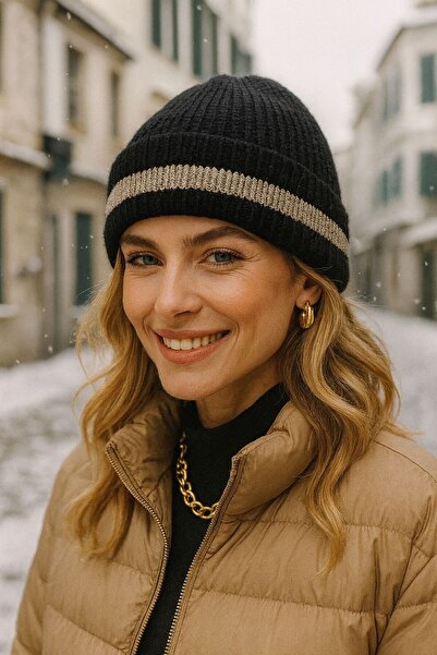 MARBERRY Beretă neagră pentru femei cu detaliu cu dungi cu sclipici