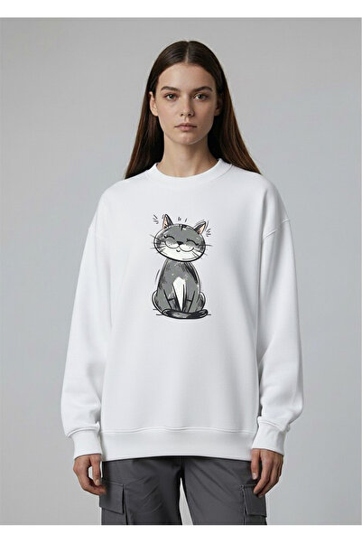 LORVEX سويت شيرت نسائي كبير الحجم برقبة دائرية مطبوع عليه قطة