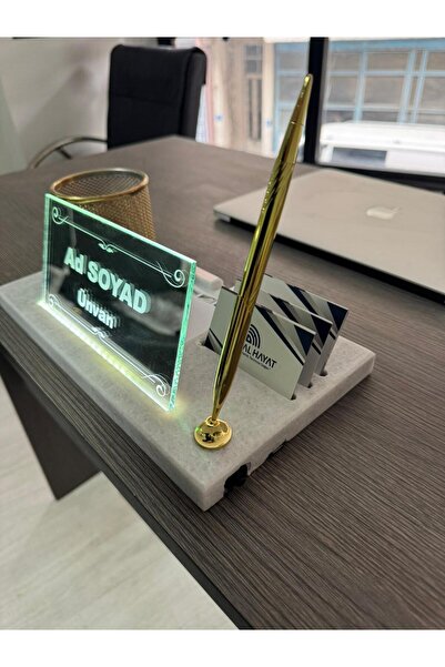 Digital Mermer desenli aynalı masa isimliği- kalemlik ve kartvizitlikli kişiye özel ofis seti