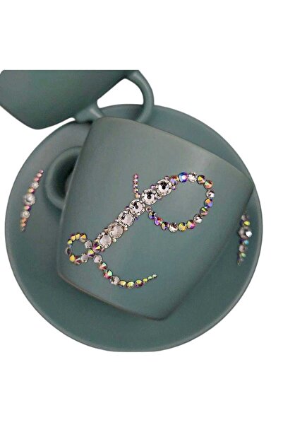 by Alexandra Vacarusi Personalized cup and saucer with Swarovski Crystals, turquoise, gift,