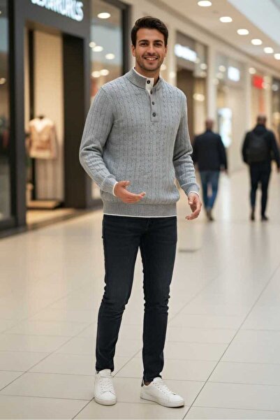 Boris Becker Ayon Gri Renk Düğmeli Yaka Saç Örgü Kaşmir Triko