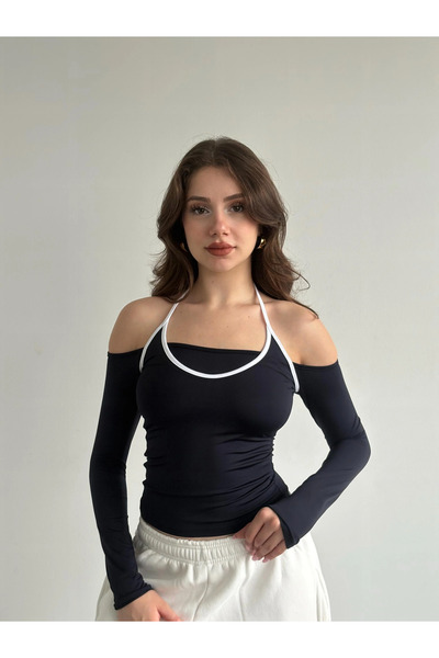 khar KADIN uzun kollu Halter Biyeli Crop